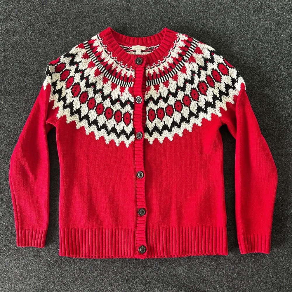Talbots Red Fair‎ Isle Cardigan Sweater Womens Small Cotton Blend Button Front